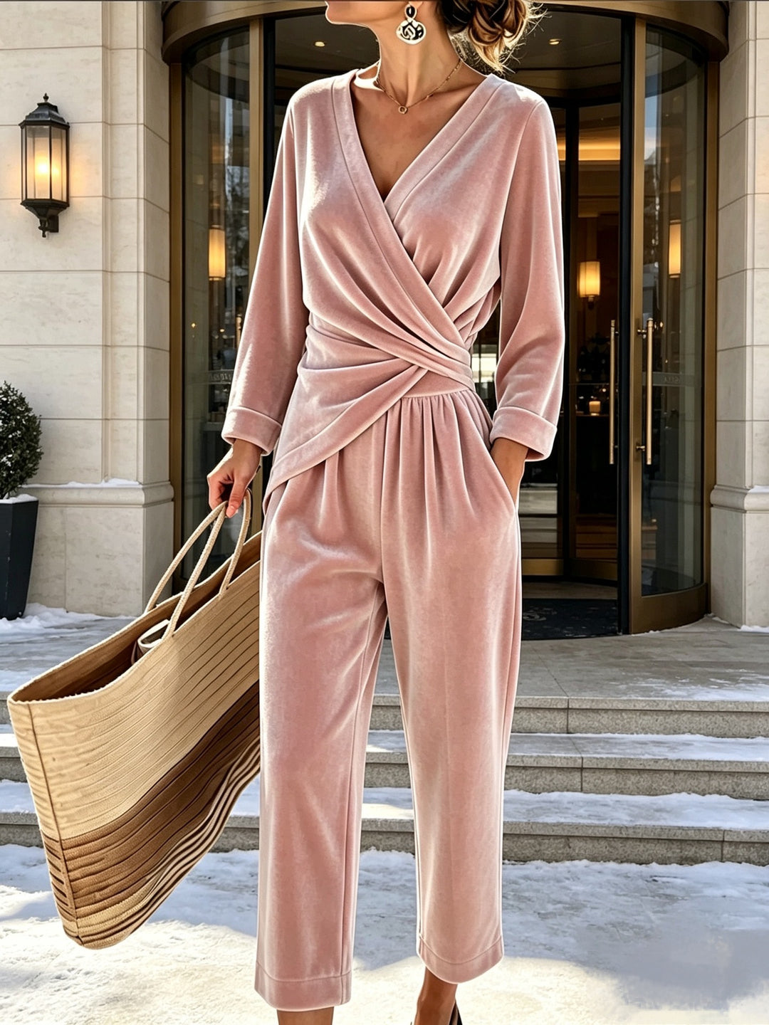 Damen Velours-Overall mit Wickeloberteil und weitem Hosenbein Drune