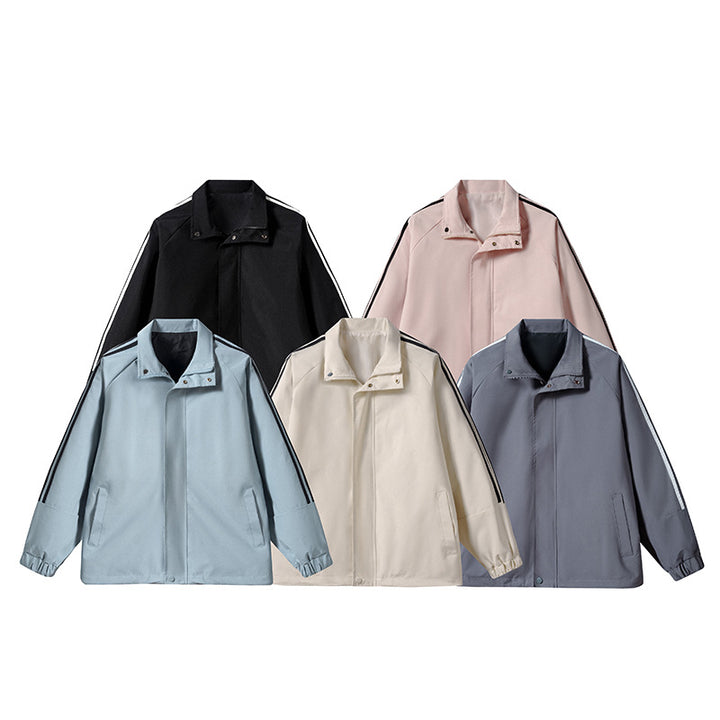 Herren Leichte Retro-Track-Übergangsjacke mit Stehkragen und Ärmelstreifen Drune