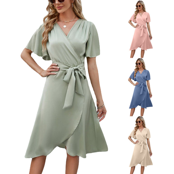 Drune | Satin V-Ausschnitt Taillenbetonendes Glockenärmel Sexy Kleid