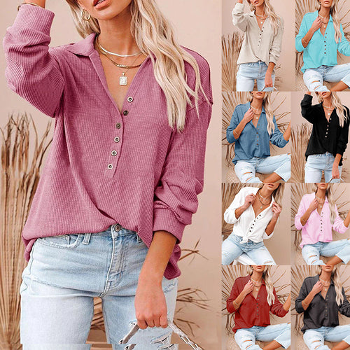 Damen nan lässiges Waffel-Polohemd mit Henley-Knopfleiste und überschnittener Schulter Drune
