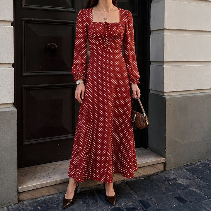 Damen Retro-Maxikleid mit quadratischem Ausschnitt, geraffter Brustpartie und langen Ärmeln Drune