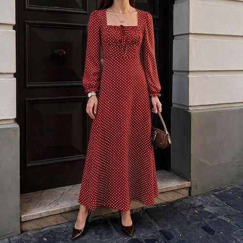 Damen Retro-Maxikleid mit quadratischem Ausschnitt, geraffter Brustpartie und langen Ärmeln Drune
