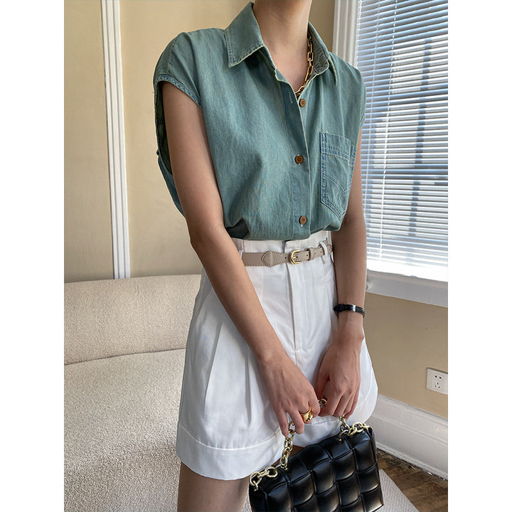 Damen Kurzarm-Bluse mit klassischem Hemdkragen und Brusttasche Drune