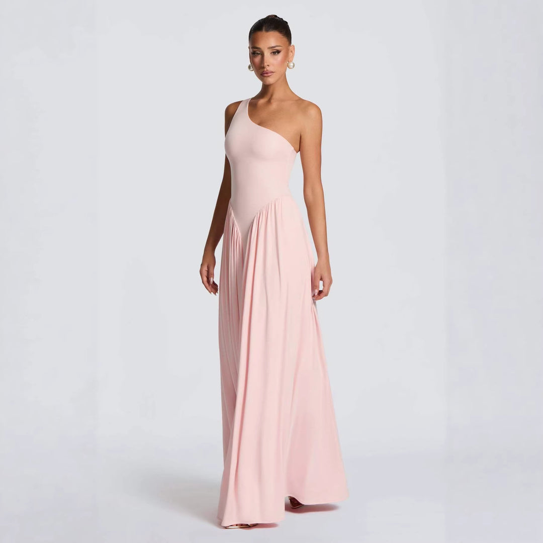 Damen Elegantes asymmetrisches Maxikleid mit fließendem Rock und raffinierten Drapierungsdetails Drune