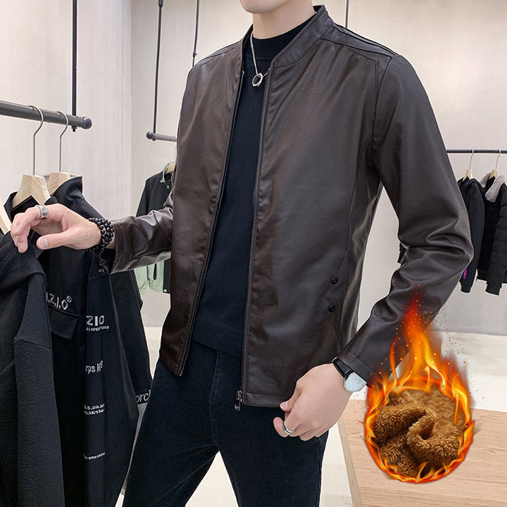 Herren schmal geschnittener Kunstleder Flightblouson mit minimalistischem Stehkragen und verdeckter Reißverschlussleiste Drune