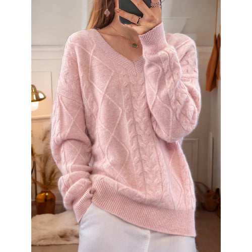 Damen nan kuscheliger V-Ausschnitt Zopfmuster-Pullover mit Oversize-Schnitt und Rippabschlüssen Drune