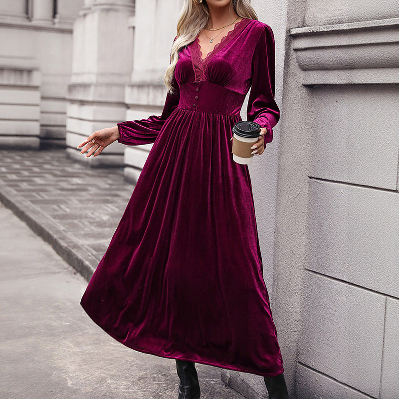 Damen Samt-Maxikleid mit V-Ausschnitt und Empire-Taille Drune