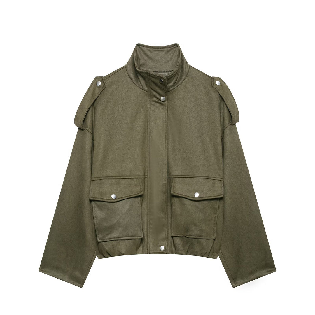 Damen Cropped Field-Jacke in Wildlederoptik mit Stehkragen, Schulterklappen und großen Pattentaschen Drune