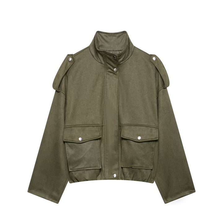 Damen Cropped Field-Jacke in Wildlederoptik mit Stehkragen, Schulterklappen und großen Pattentaschen Drune