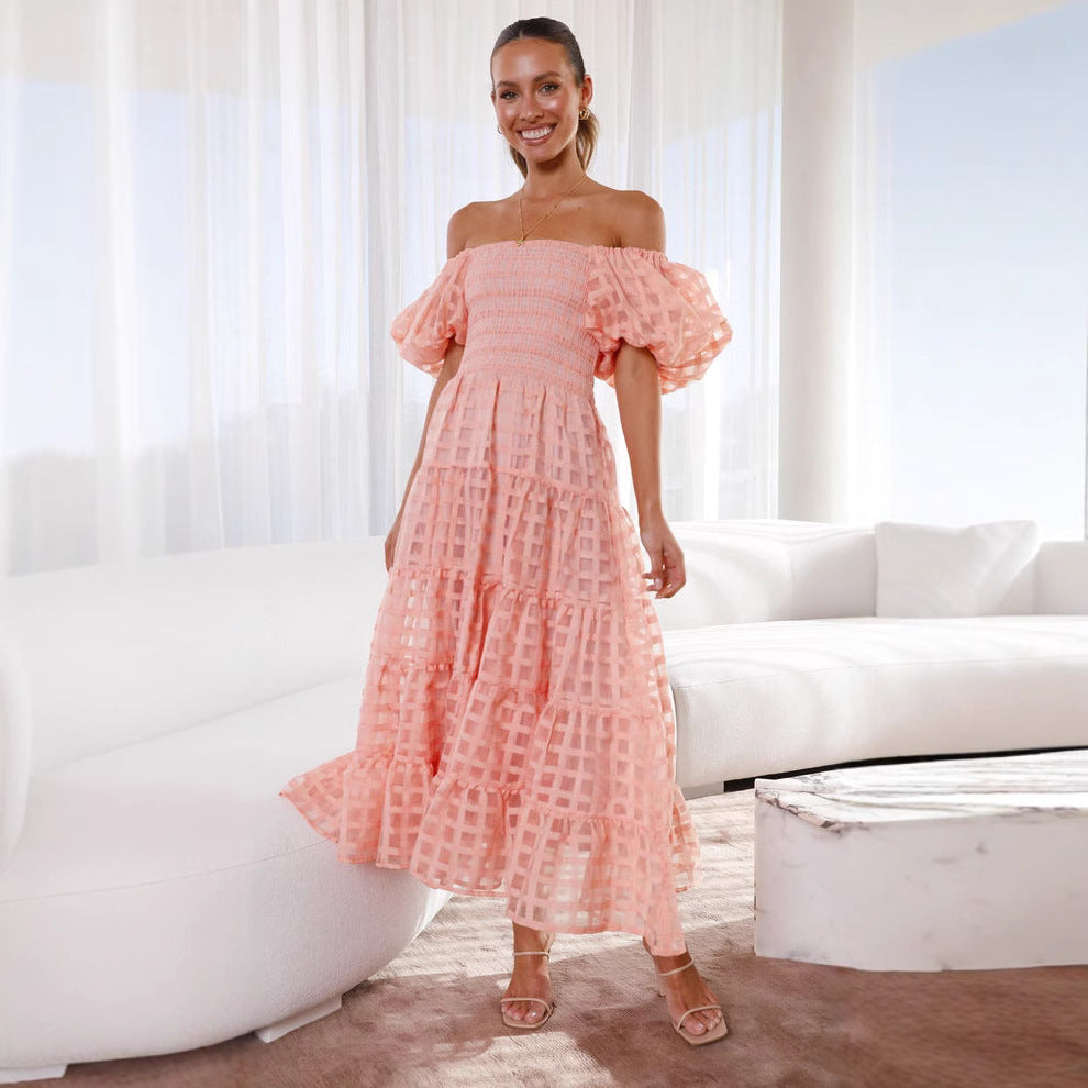 Damen Maxikleid mit luftigen Puffärmeln und gerafftem Oberteil Drune