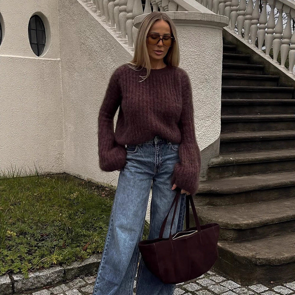 Damen Oversize-Mohairpullover mit voluminösen Ballonärmeln und Feinstrickkragen Drune