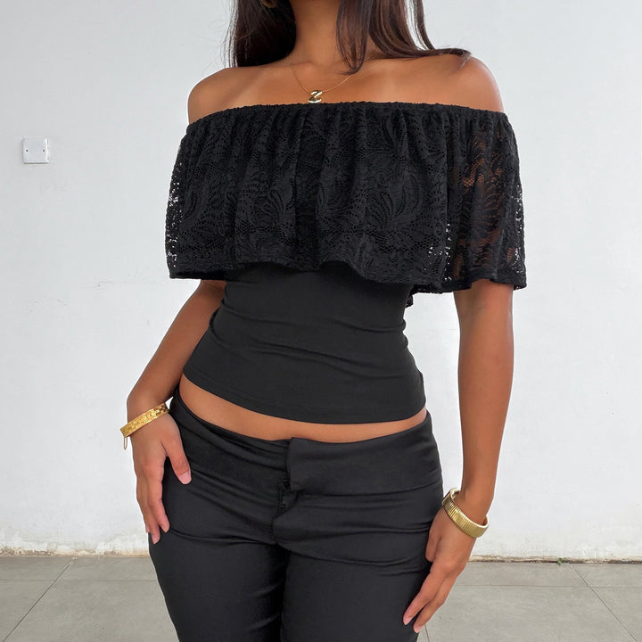 Damen Oberteil mit Spitzen-Overlay und schulterfreiem Design Drune