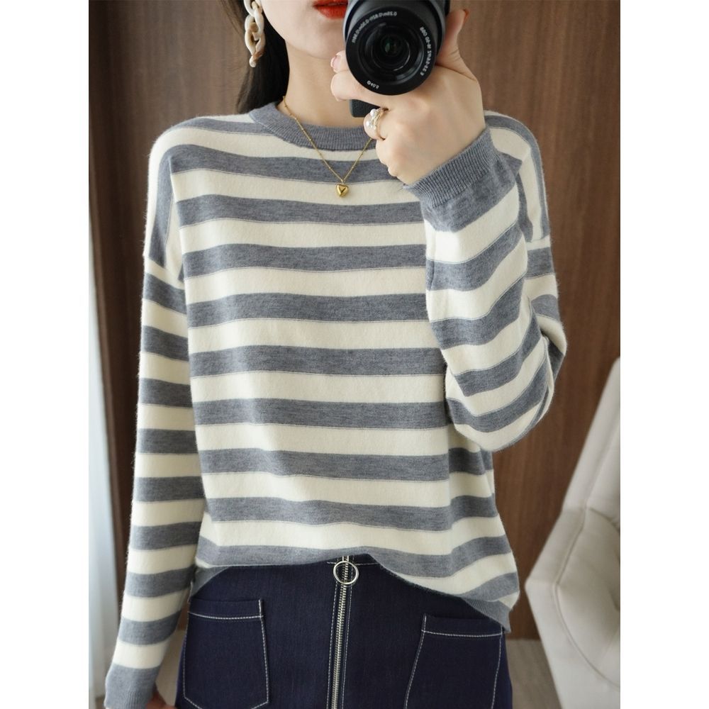 Damen lässiger Strickpullover mit breiten Streifen Drune