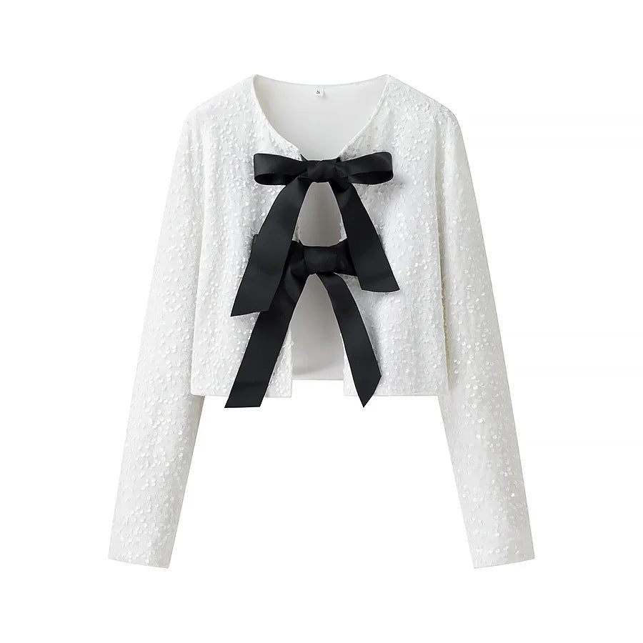 Damen nan kurze Pailletten-Jacke mit zweifacher Satin-Schleifenfront und Rundhalsausschnitt Drune