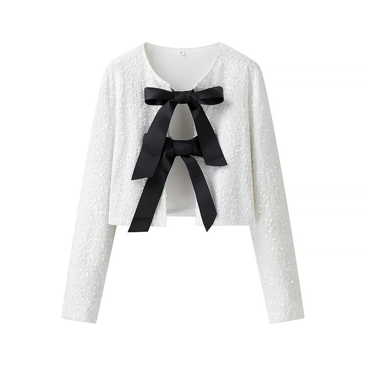 Damen nan kurze Pailletten-Jacke mit zweifacher Satin-Schleifenfront und Rundhalsausschnitt Drune