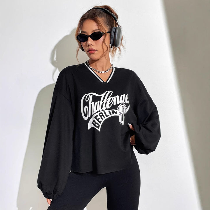 Damen lässiges Oversized Sweatshirt mit V-Ausschnitt und grafischem Print Drune
