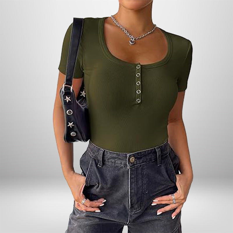 Damen Kurzarm Bodysuit mit Knopfdetails und figurbetonter Silhouette Drune