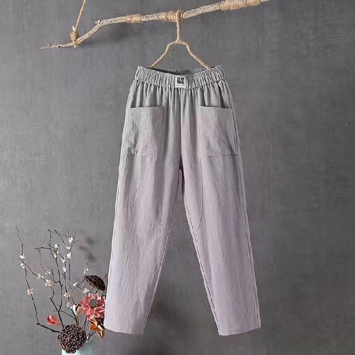 Damen nan lässige Leinenmix-Hose mit elastischem Bund, geradem Bein und großen aufgesetzten Taschen Drune