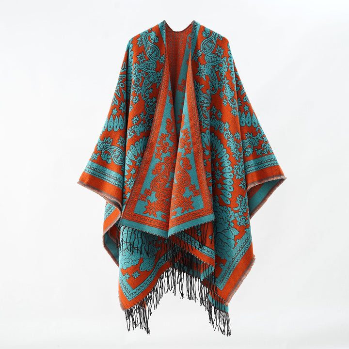 Damen Jacquard-Umhangponcho aus Wollmix mit beidseitigem Paisley-Jacquard und Fransen Drune