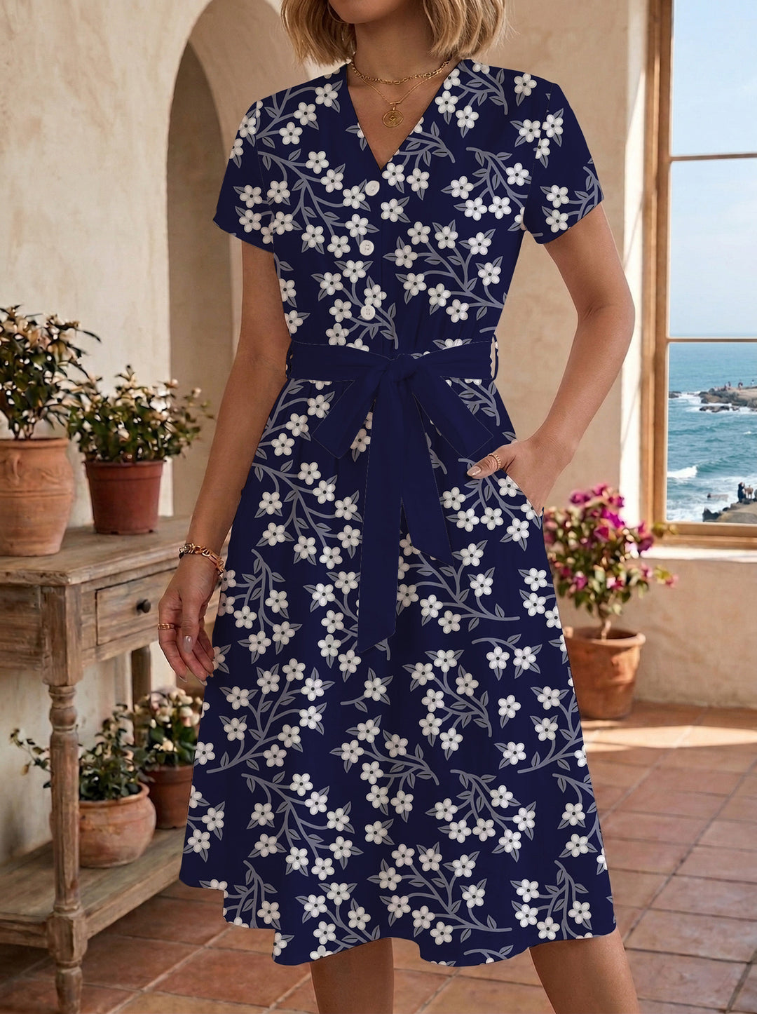 Damen Midikleid mit floralem Muster und Taillengürtel Drune