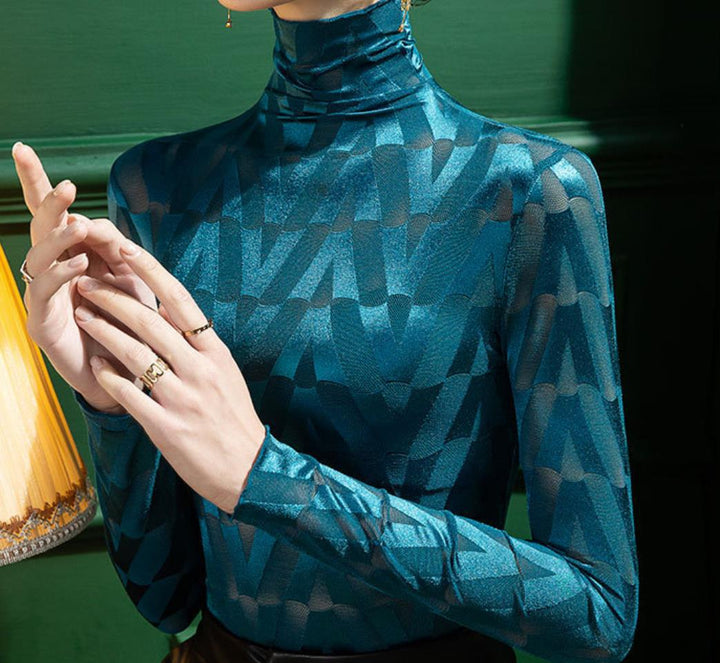 Damen Elegantes Rollkragenoberteil mit geometrischem Muster und transparenten Akzenten Drune