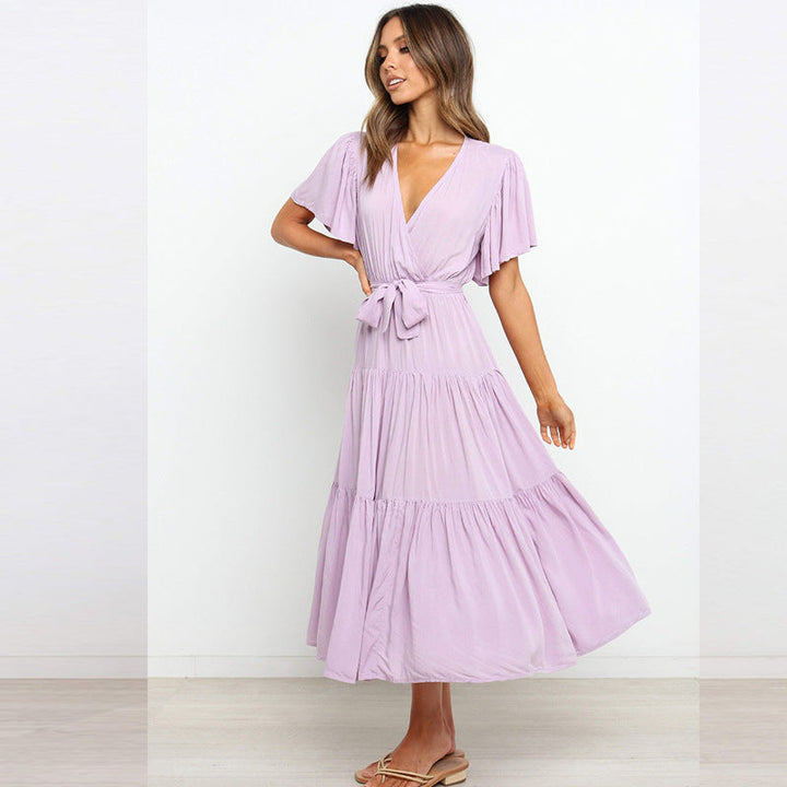 Damen Maxikleid mit tiefem V-Ausschnitt und schwingenden Ärmeln Drune