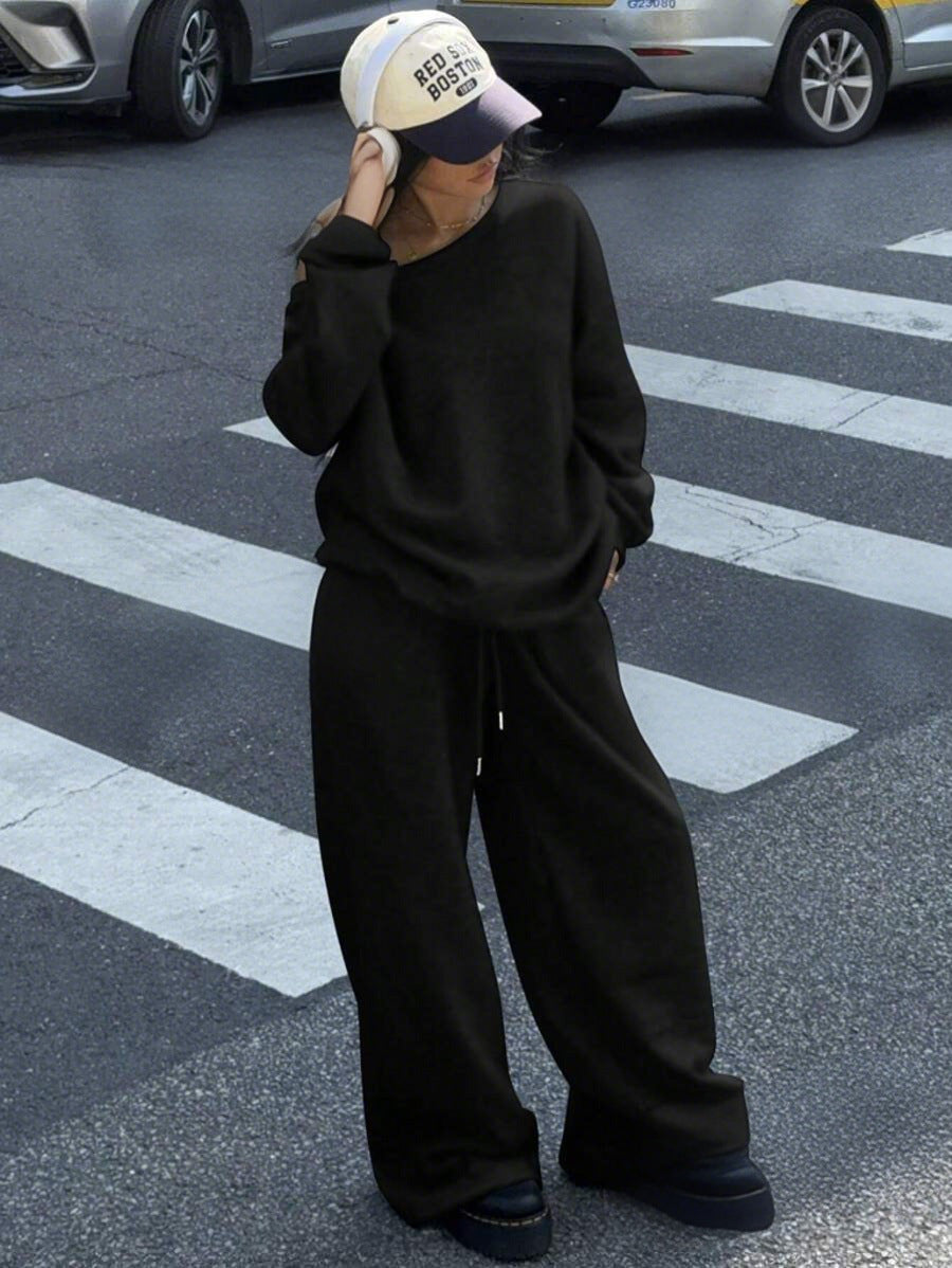 Damen Oversize Off-Shoulder Lounge-Set mit weitem Sweater und Palazzo-Jogger Drune
