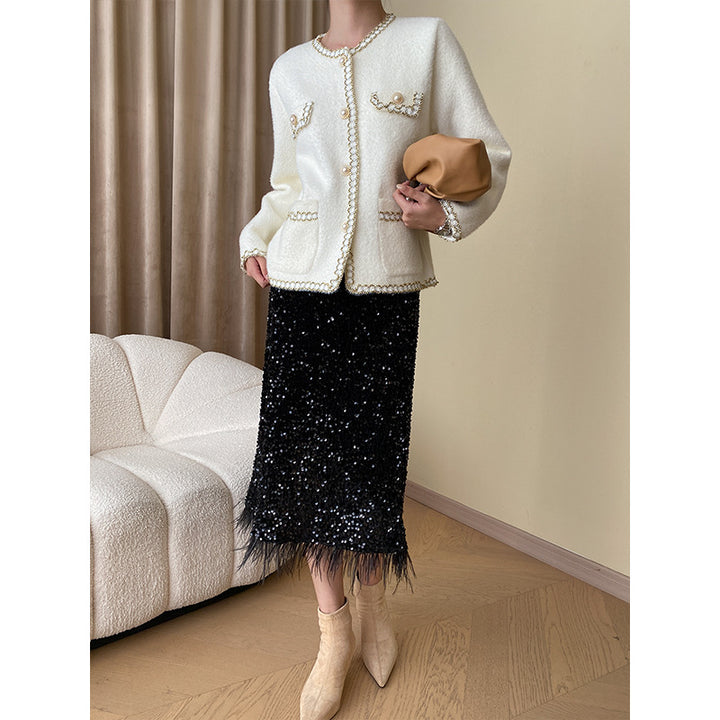 Damen Midirock mit Pailletten und gerafftem Saum Drune