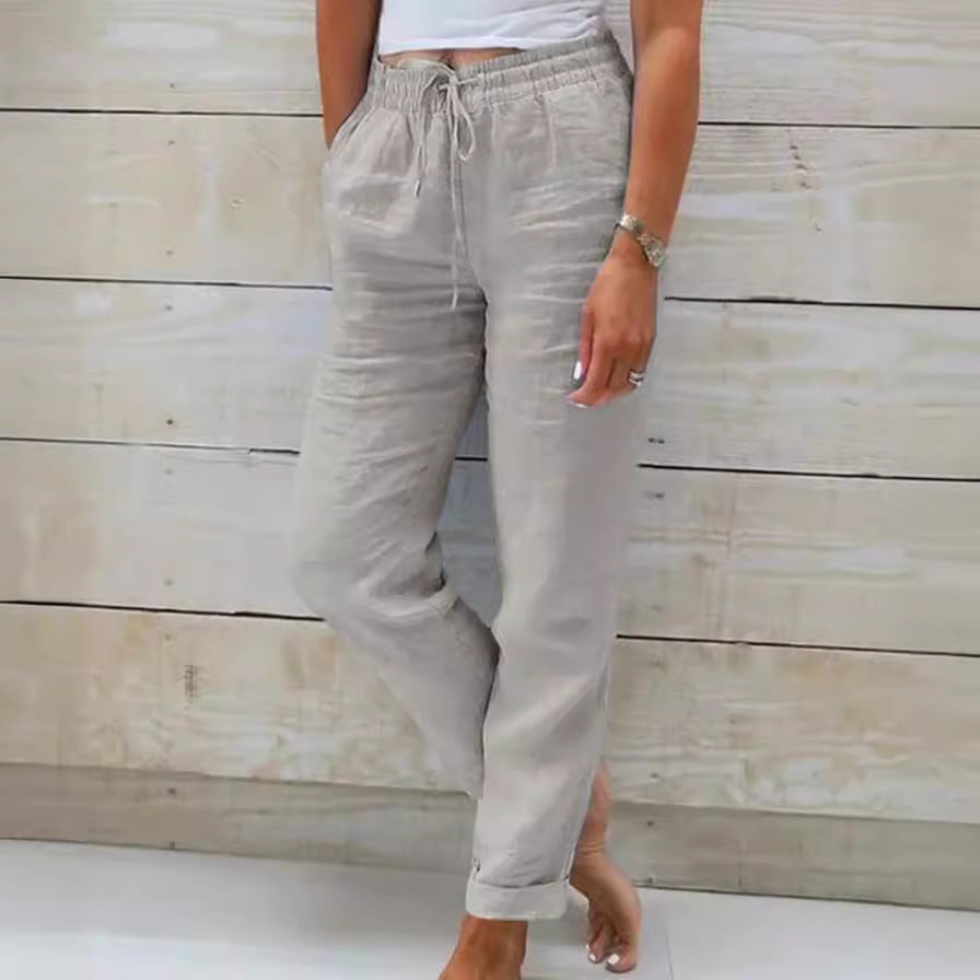 Damen nan lässige Leinenhose mit elastischem Bund und Kordelzug Drune