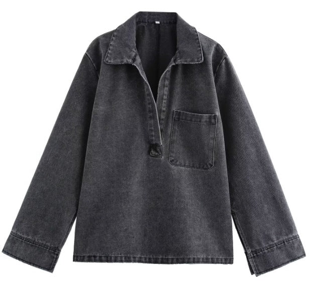 Damen 200+ Oversize Denim‑Hemdbluse mit V‑Ausschnitt und Brusttasche Drune