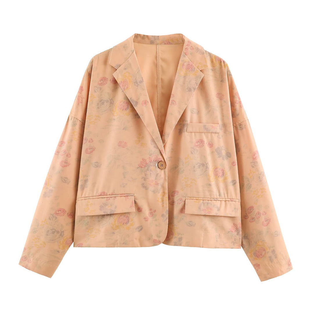 Damen Leichter Boxy‑Blazer mit floralem Aquarelldruck, aufgesetzten Pattentaschen und fallendem Revers Drune