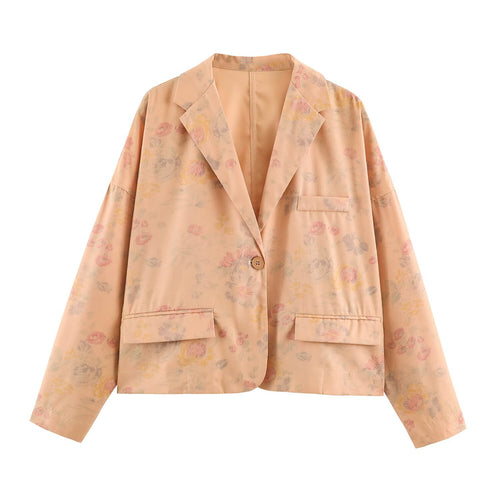 Damen Leichter Boxy‑Blazer mit floralem Aquarelldruck, aufgesetzten Pattentaschen und fallendem Revers Drune