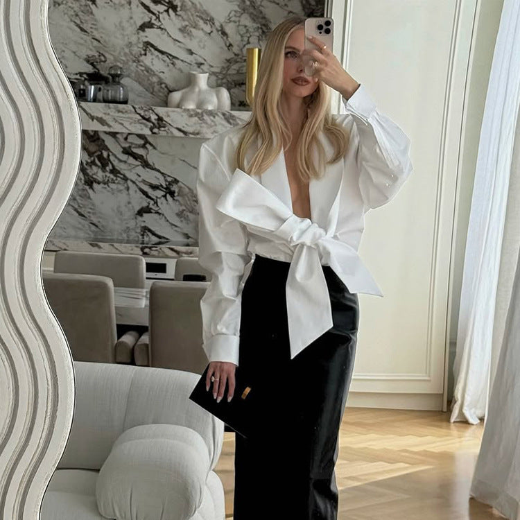 Damen Taillierte Bluse mit XXL-Volumenärmeln und Vorderknoten Drune