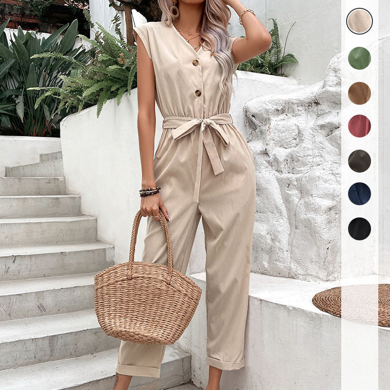 Damen Jumpsuit mit elegantem Knopfverschluss und schickem Taillengürtel Drune