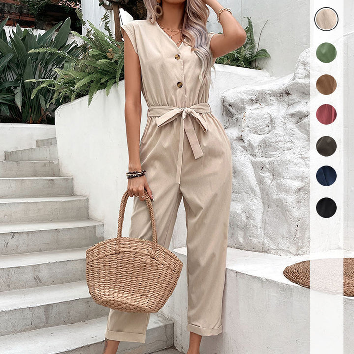 Damen Jumpsuit mit elegantem Knopfverschluss und schickem Taillengürtel Drune