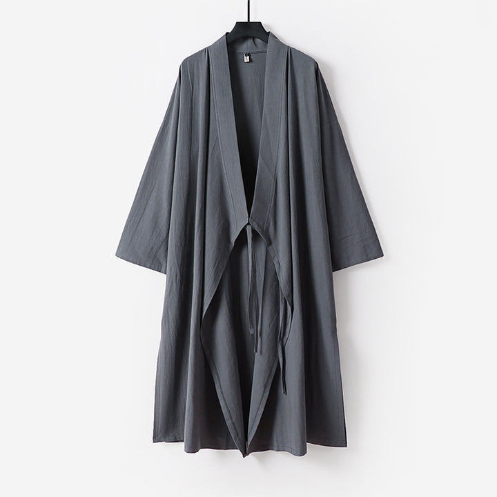 Unisex Langer Kimono-Mantel aus leichtem Baumwollmix mit drapierter Front und Bindeschlaufe Drune