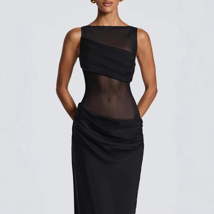 Damen Elegantes Abendkleid mit transparentem Oberteil und raffinierten Rüschen Drune