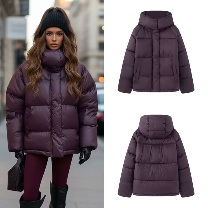 Damen Kurze wattierte Oversize‑Steppjacke mit hohem Stehkragen und Kapuze Drune