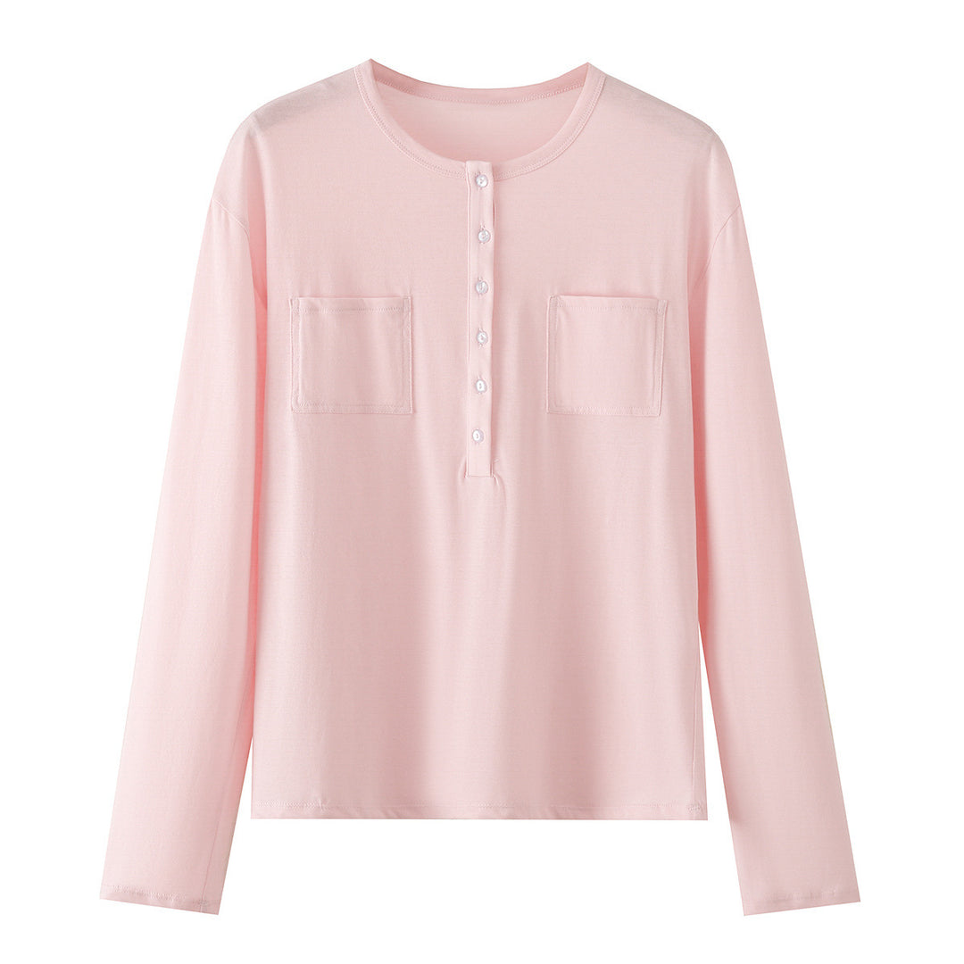 Damen Langarm-Henleyshirt mit Knopfleiste und aufgesetzten Brusttaschen Drune