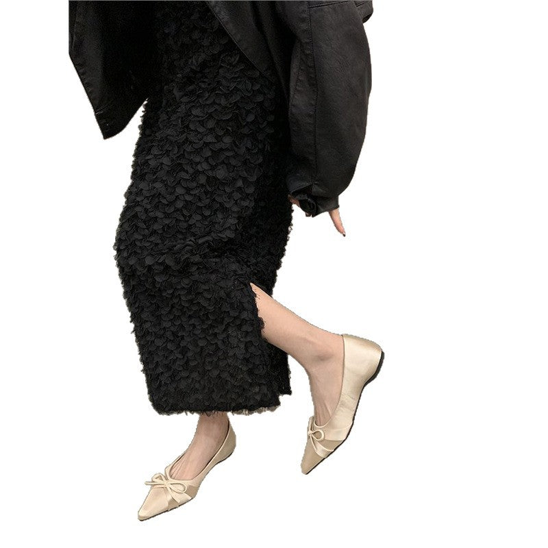 Damen Elegante spitz zulaufende Satin‑Ballerinas im Slipper‑Stil mit zierlicher Schleife Drune