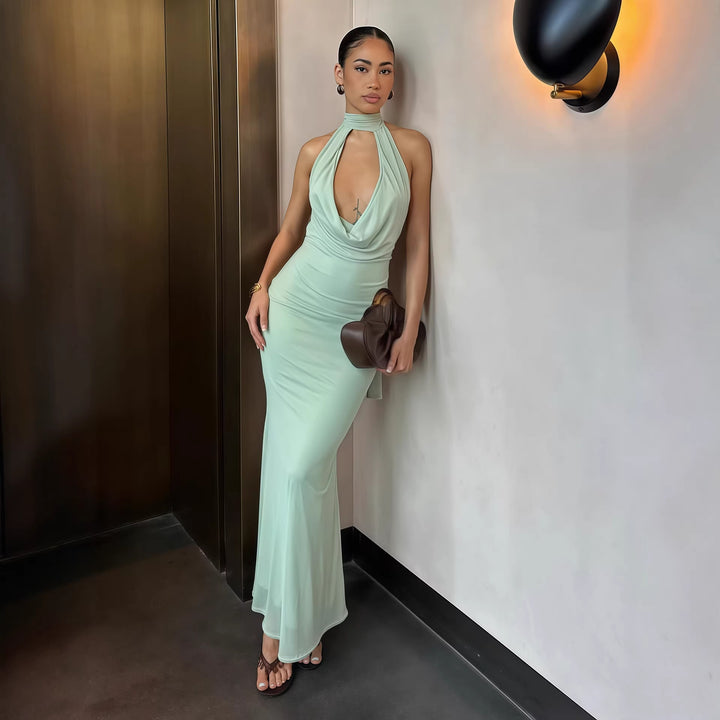 Damen elegantes Maxikleid mit tiefem V-Ausschnitt und schimmerndem Oberteil Drune