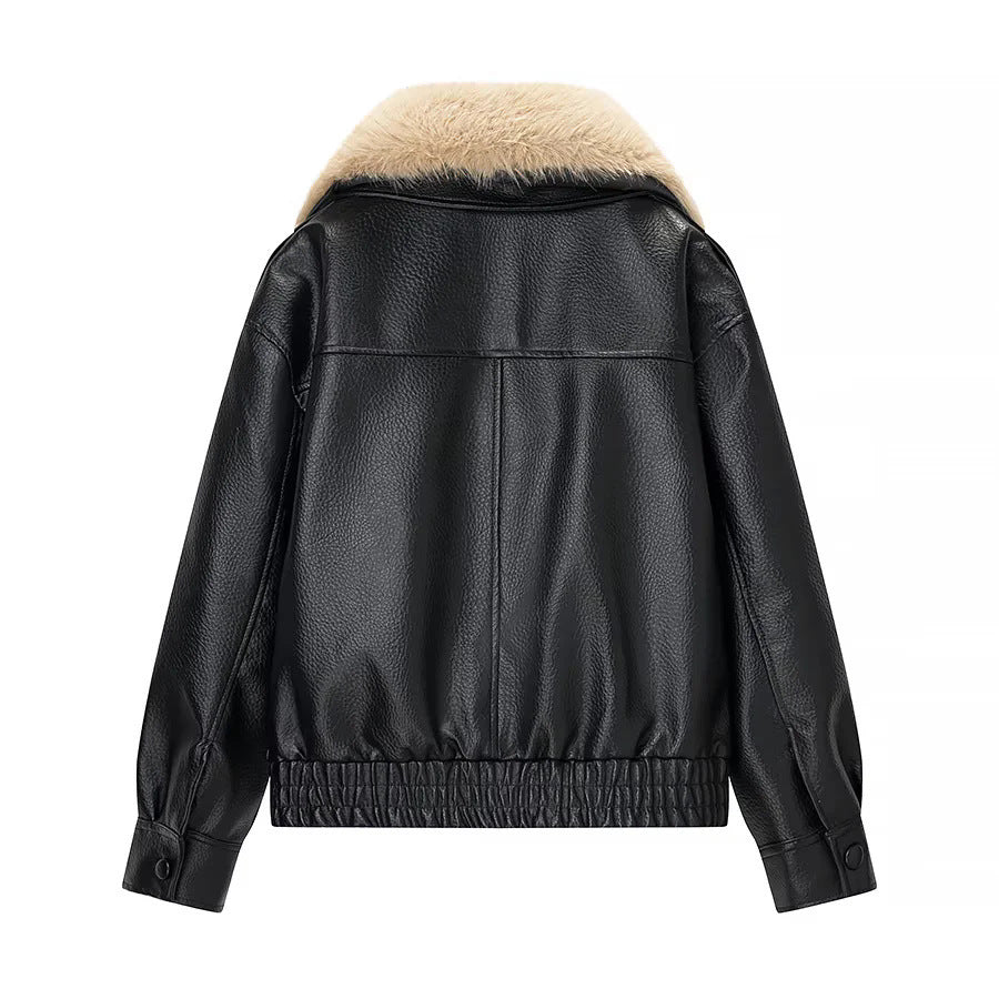 Damen nan kurz geschnittener Kunstleder-Blouson mit voluminösem Kunstfell-Schalkragen Drune