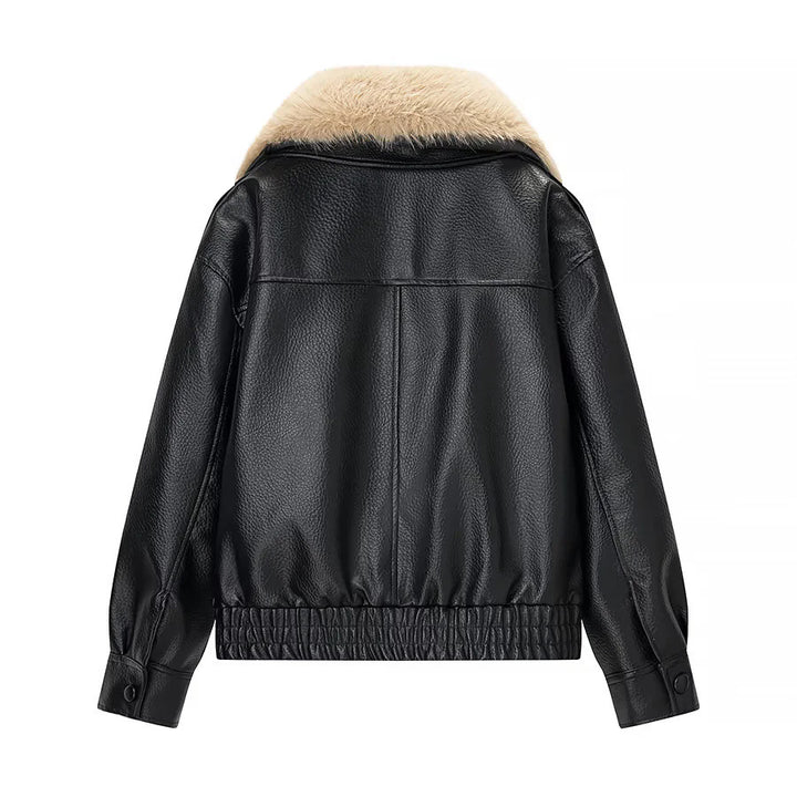Damen nan kurz geschnittener Kunstleder-Blouson mit voluminösem Kunstfell-Schalkragen Drune