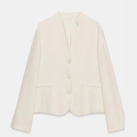 Damen Leichter kragenloser Blazerjacke mit V‑Ausschnitt, drei‑Knopfverschluss und aufgesetzten Taschen Drune