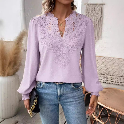 Damen elegante Bluse mit besticktem V-Ausschnitt Drune