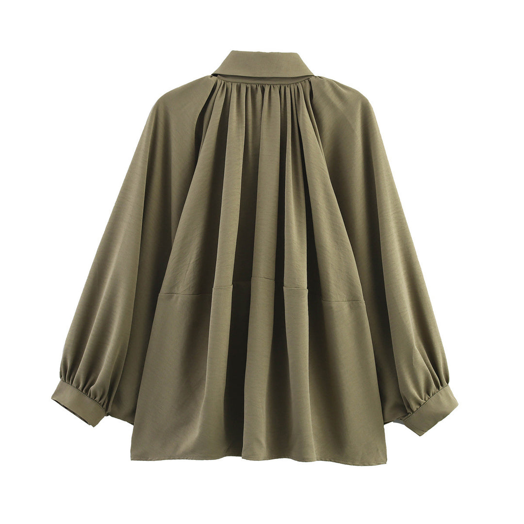 Damen nan oversize geraffte Bluse mit Ballonärmeln und Frontreißverschluss Drune