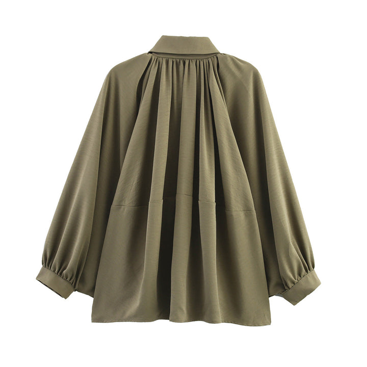 Damen nan oversize geraffte Bluse mit Ballonärmeln und Frontreißverschluss Drune