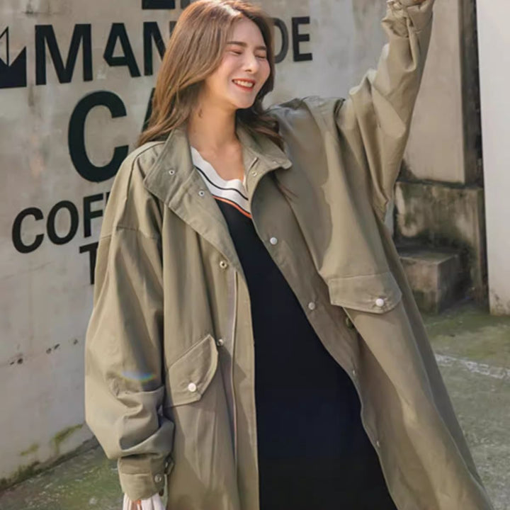 Damen Langer Oversize-Windbreaker im Utility-Look mit Pattentaschen Drune