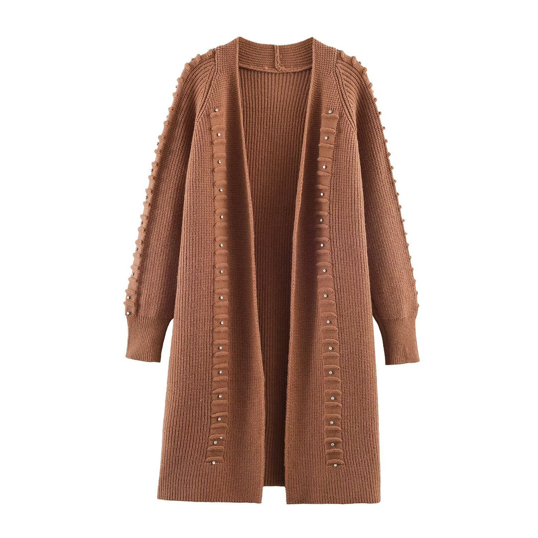 Damen Longline Strickcardigan mit Perlen- und Rüschendetail offene Front Drune