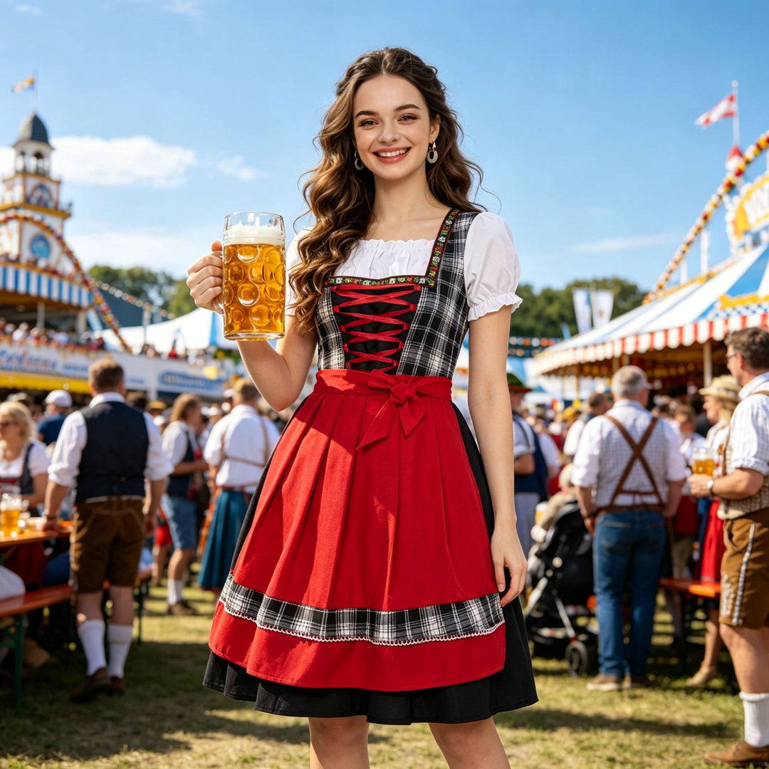 Damen nan traditionelles Trachten-Dirndl mit Schnürleiste, A-Linie Rock und Schleifen-Schürze Drune